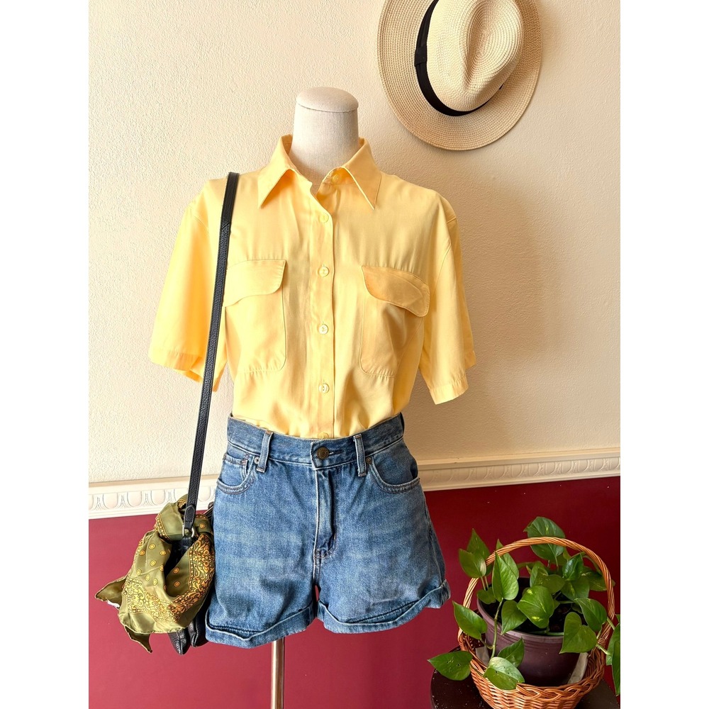 Vintage Christopher Banks Yellow Short Sleeve Button Down Top M Relaxed Utility